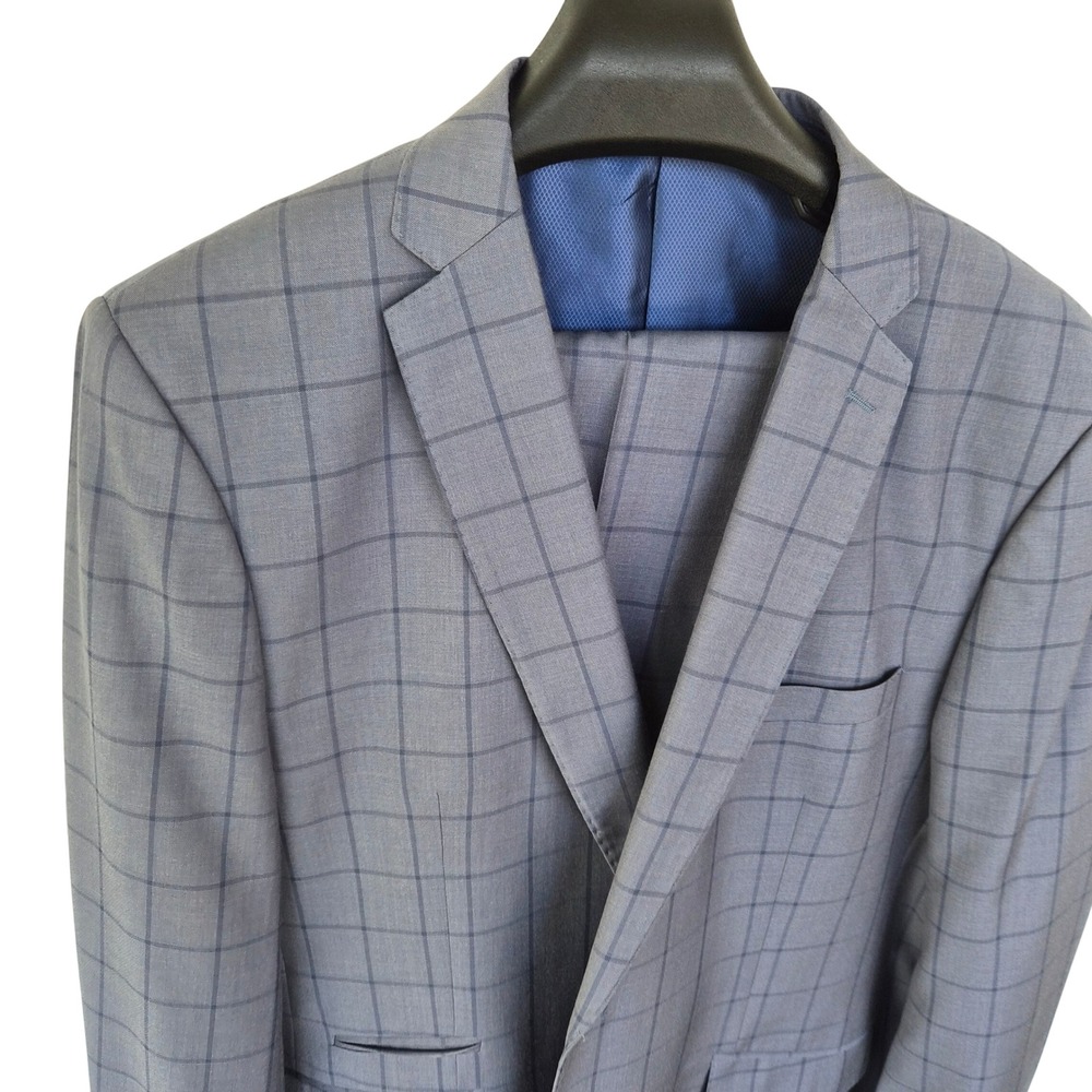 Alberto Cardinali Mens 2 Piece Suit 52L 46L Blue Grey Windowpane Plaid 2143